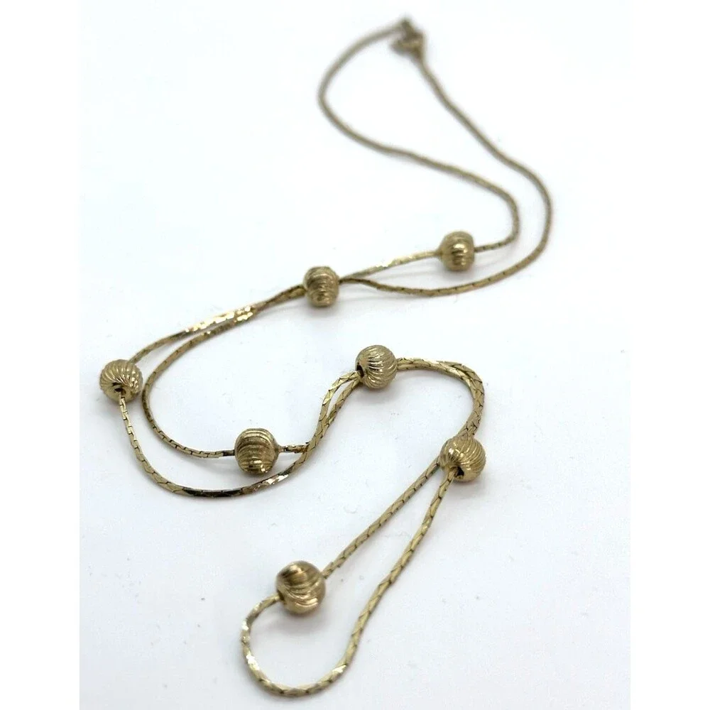 Gold Tone Chain Necklace with Stationary Gold Tone Textured Beads 24 Inch